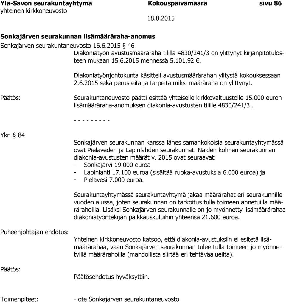 Seurakuntaneuvosto päätti esittää yhteiselle kirkkovaltuustolle 15.000 euron lisämääräraha-anomuksen diakonia-avustusten tilille 4830/241/3.