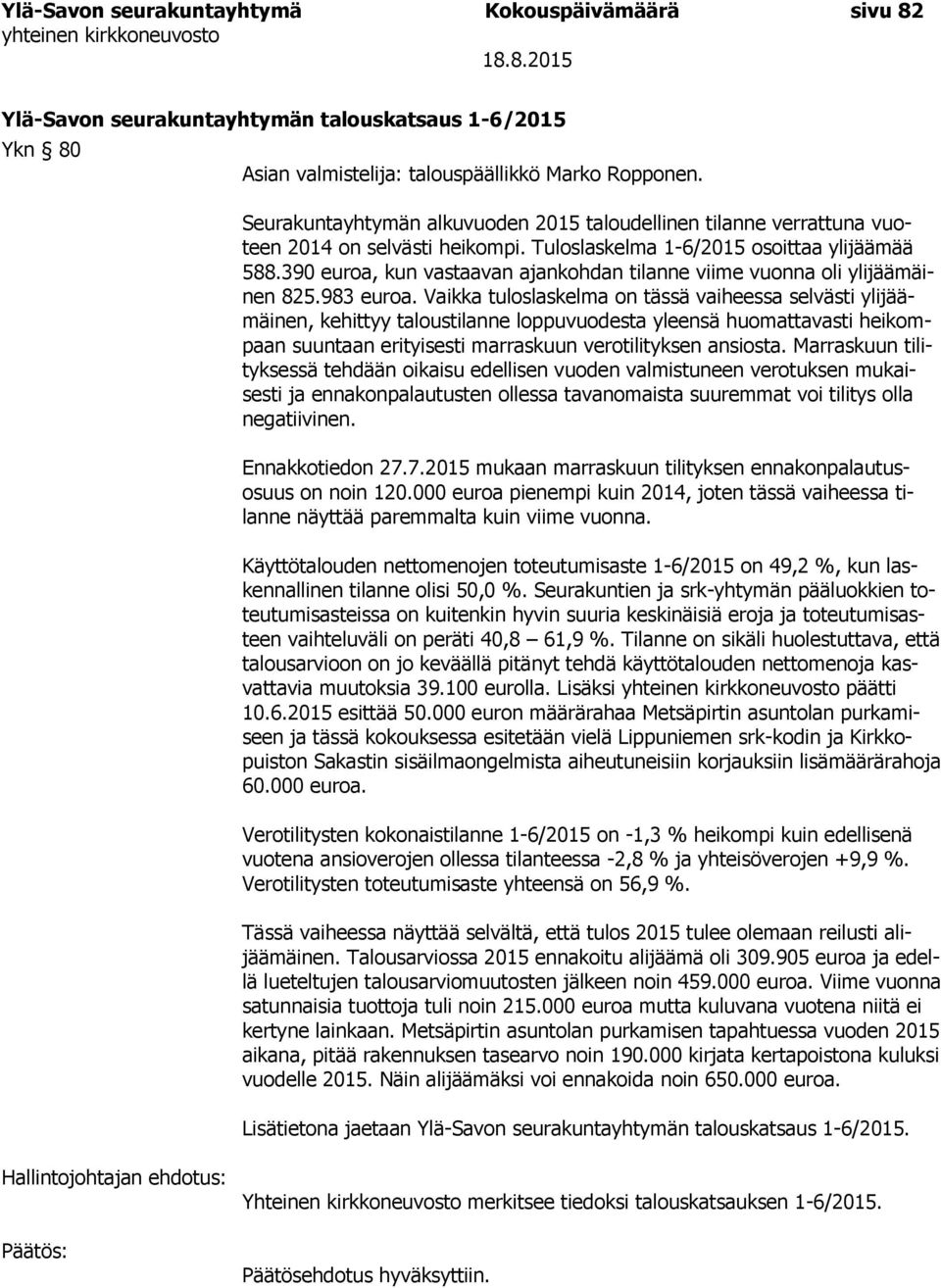 390 euroa, kun vastaavan ajankohdan tilanne viime vuonna oli ylijäämäinen 825.983 euroa.