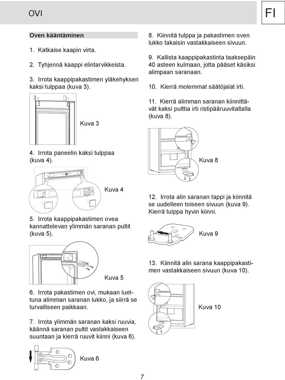 Kierrä molemmat säätöjalat irti. 11. Kierrä alimman saranan kiinnittävät kaksi pulttia irti ristipääruuvitaltalla (kuva 8). 4. Irrota paneelin kaksi tulppaa (kuva 4). Kuva 8 Kuva 4 5.