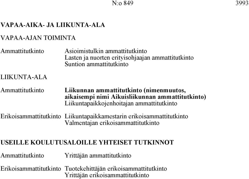 Liikuntapaikkojenhoitajan ammattitutkinto Erikoisammattitutkinto Liikuntapaikkamestarin erikoisammattitutkinto Valmentajan