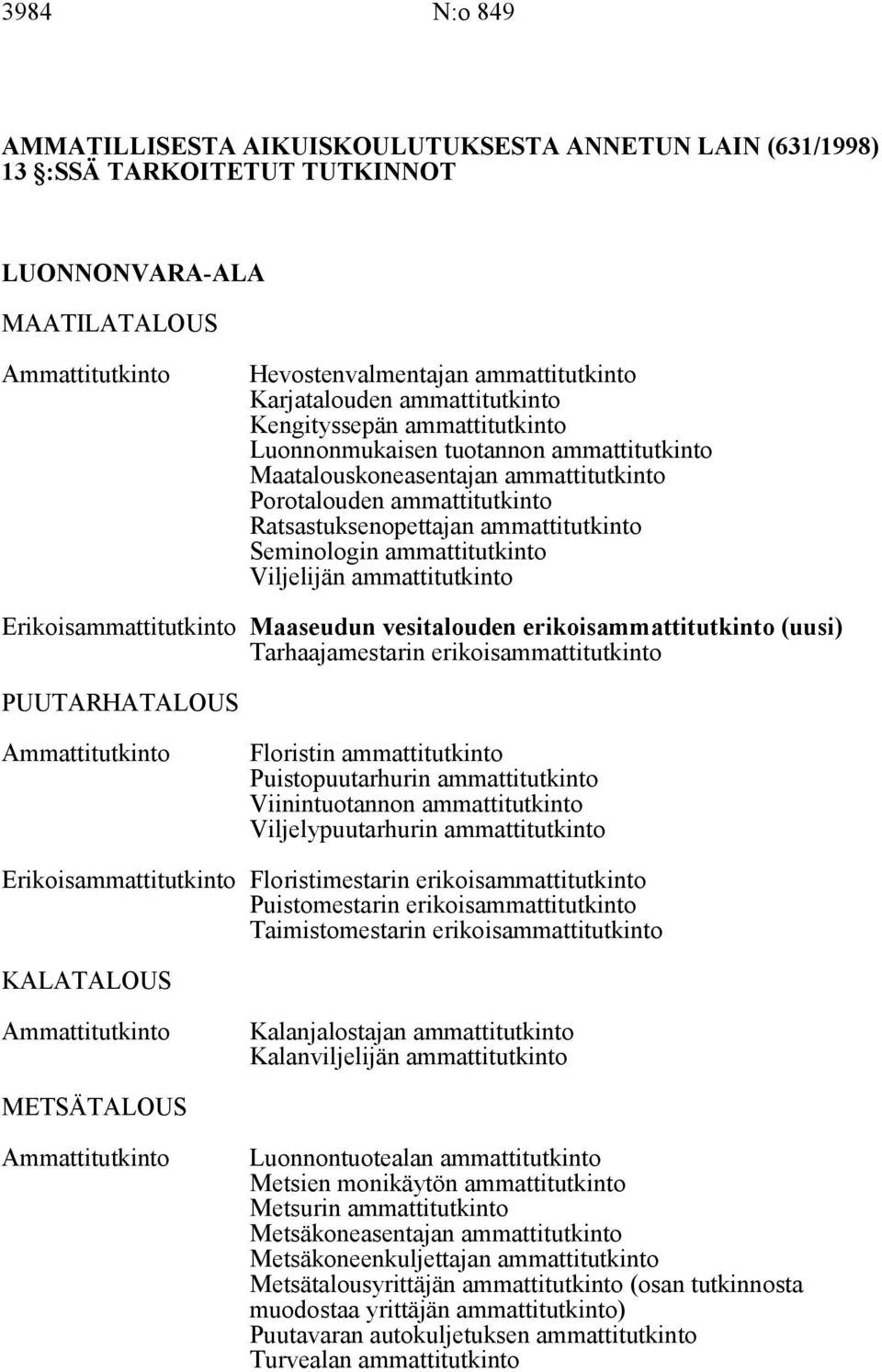 ammattitutkinto Viljelijän ammattitutkinto Erikoisammattitutkinto Maaseudun vesitalouden erikoisammattitutkinto (uusi) Tarhaajamestarin erikoisammattitutkinto PUUTARHATALOUS Floristin ammattitutkinto