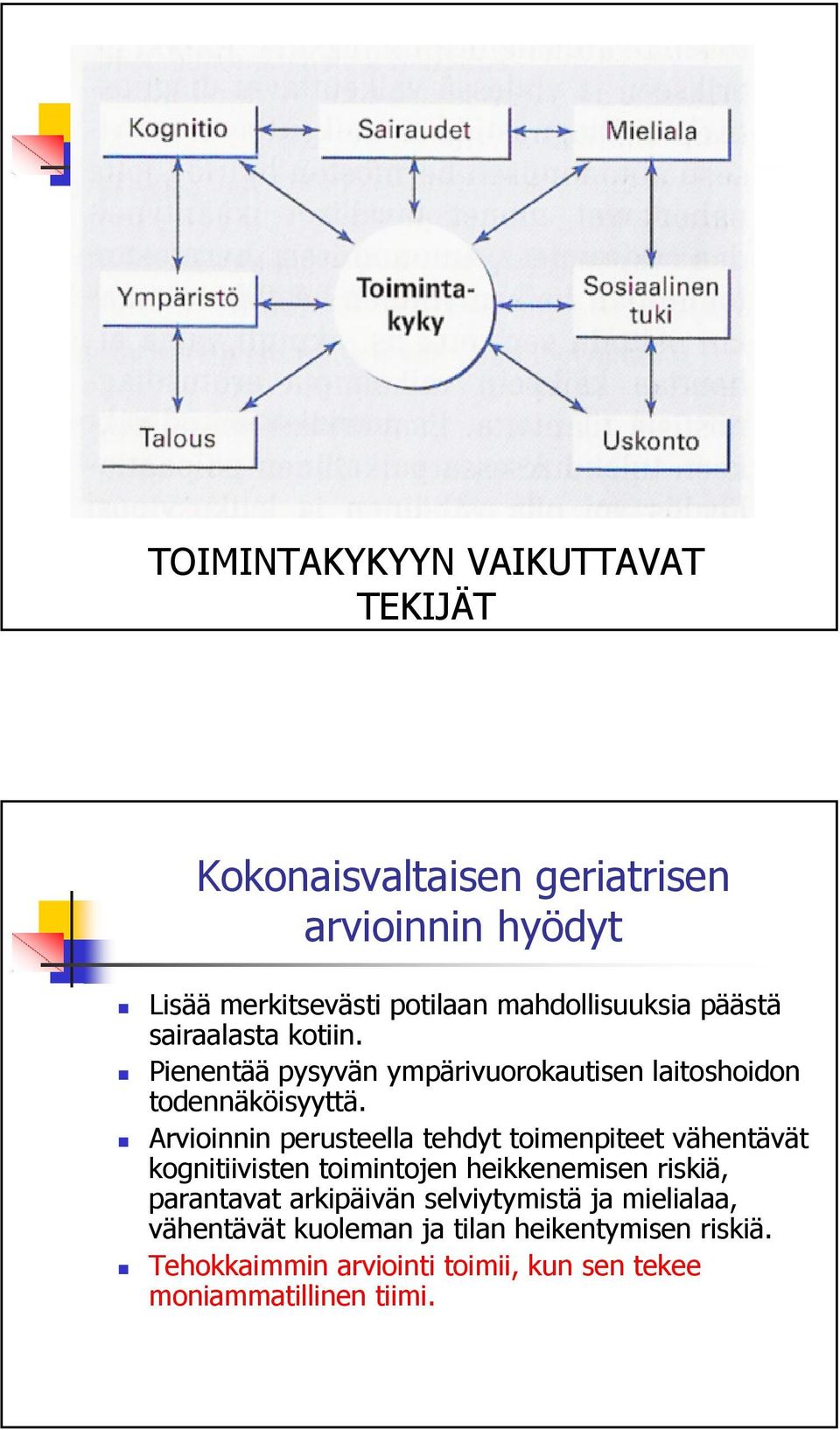 Arvioinnin perusteella tehdyt toimenpiteet vähentävät kognitiivisten toimintojen heikkenemisen riskiä, parantavat