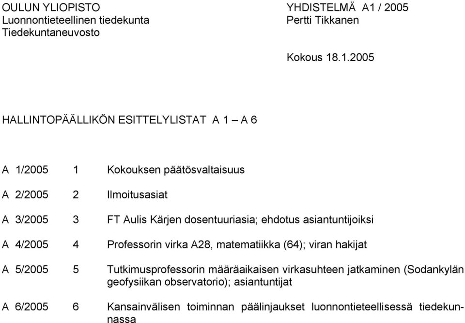 .1.2005 HALLINTOPÄÄLLIKÖN ESITTELYLISTAT A 1 A 6 A 1/2005 1 Kokouksen päätösvaltaisuus A 2/2005 2 Ilmoitusasiat A 3/2005 3 FT