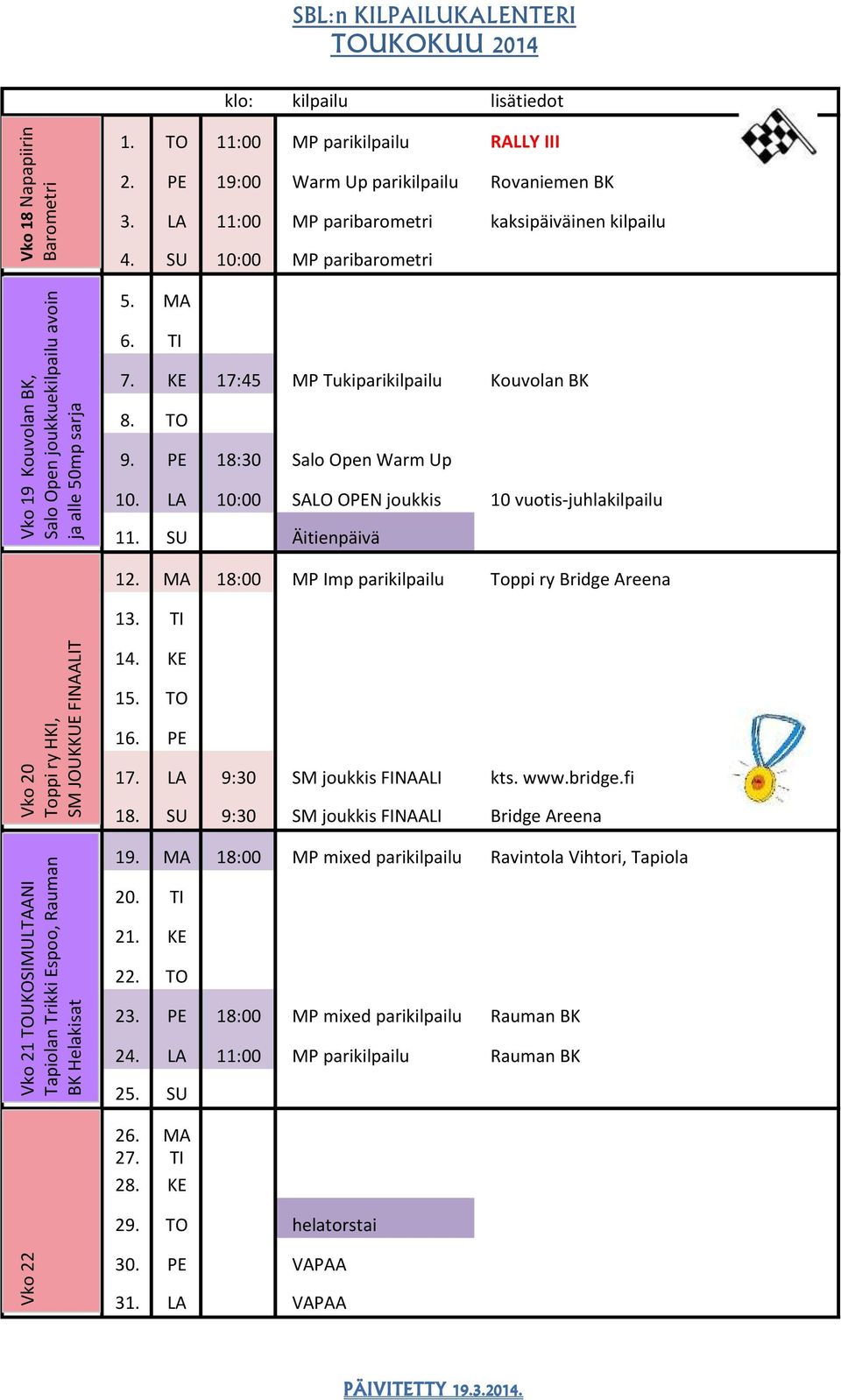 SU 10:00 MP paribarometri 5. MA 6. TI 7. KE 17:45 MP Tukiparikilpailu Kouvolan BK 8. TO 9. PE 18:30 Salo Open Warm Up 10. LA 10:00 SALO OPEN joukkis 10 vuotis-juhlakilpailu 11. SU Äitienpäivä 12.