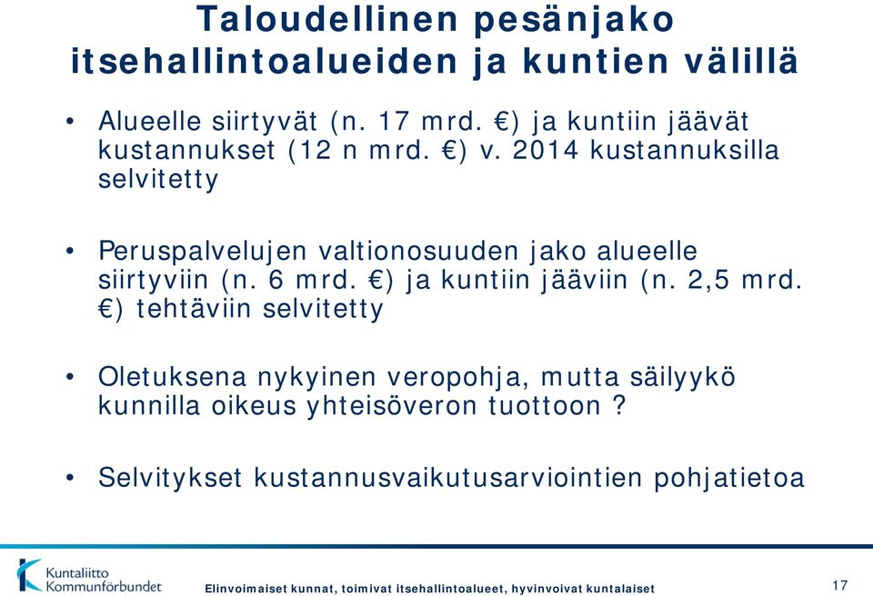 2014 kustannuksilla selvitetty Peruspalvelujen valtionosuuden jako alueelle siirtyviin (n. 6 mrd.