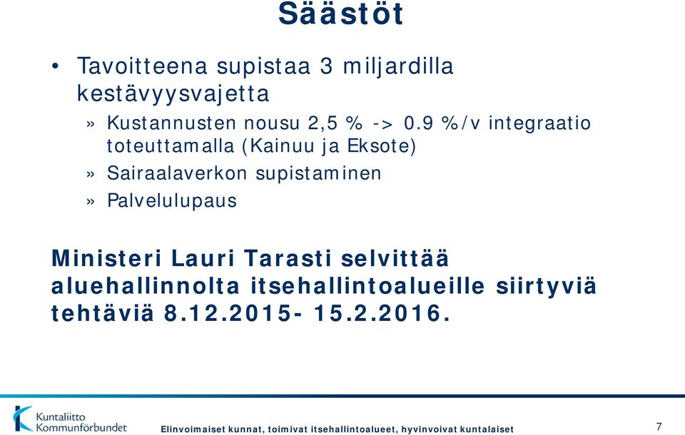 9 %/v integraatio toteuttamalla (Kainuu ja Eksote)» Sairaalaverkon