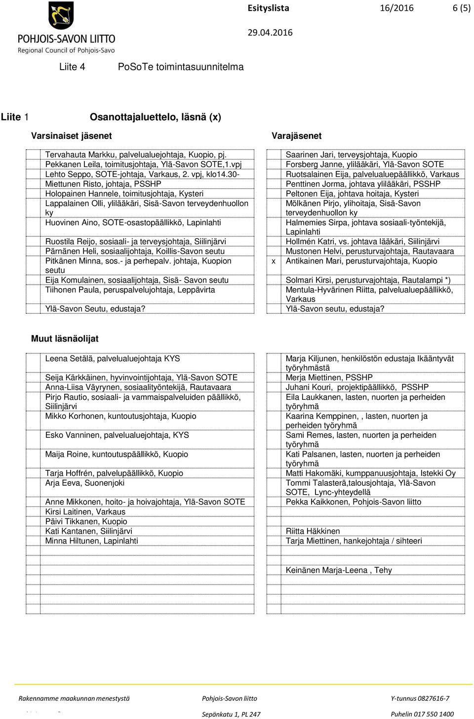 30- Ruotsalainen Eija, palvelualuepäällikkö, Varkaus Miettunen Risto, johtaja, PSSHP Penttinen Jorma, johtava ylilääkäri, PSSHP Holopainen Hannele, toimitusjohtaja, Kysteri Peltonen Eija, johtava