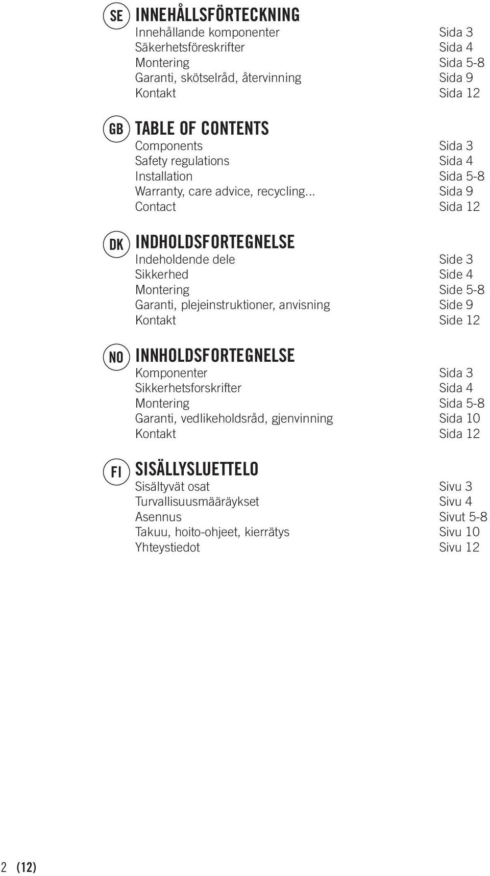 .. Sida 9 Contact Sida 12 DK INDHOLDSFORTEGNELSE Indeholdende dele Side 3 Sikkerhed Side 4 Montering Side 5-8 Garanti, plejeinstruktioner, anvisning Side 9 Kontakt Side 12 NO FI