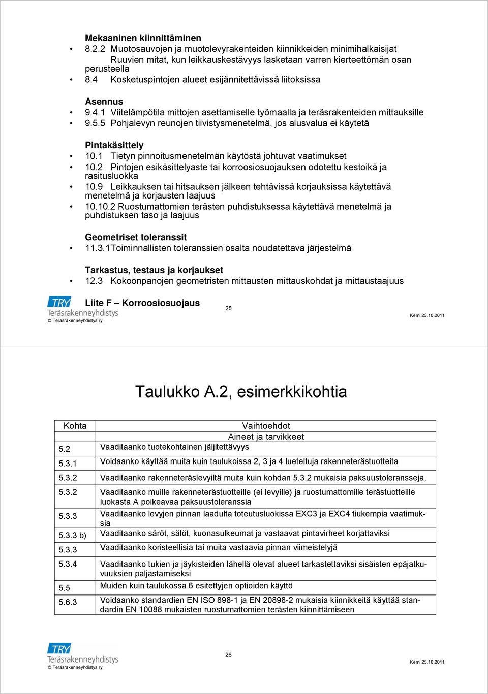 5 Pohjalevyn reunojen tiivistysmenetelmä, jos alusvalua ei käytetä Pintakäsittely 10.1 Tietyn pinnoitusmenetelmän käytöstä johtuvat vaatimukset 10.