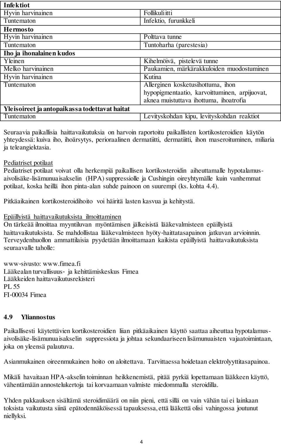 arpijuovat, aknea muistuttava ihottuma, ihoatrofia Levityskohdan kipu, levityskohdan reaktiot Seuraavia paikallisia haittavaikutuksia on harvoin raportoitu paikallisten kortikosteroidien käytön