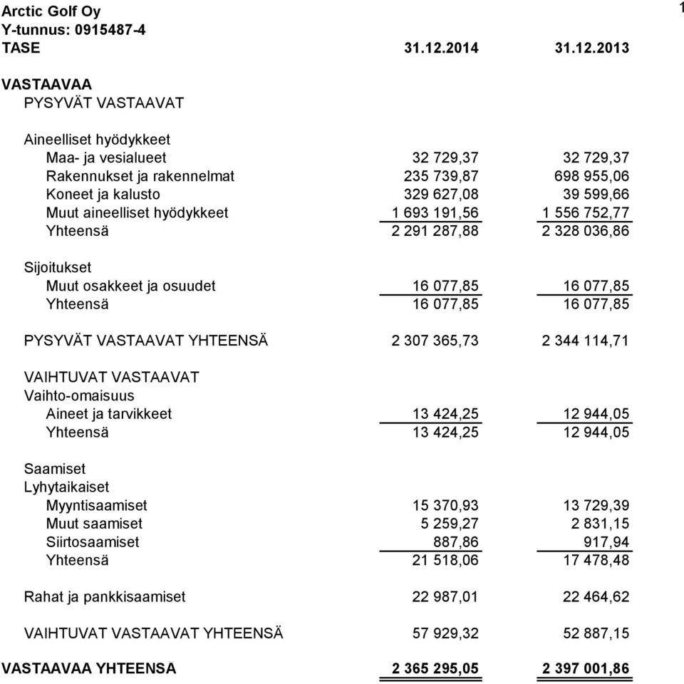 2013 1 VASTAAVAA PYSYVÄT VASTAAVAT Aineelliset hyödykkeet Maa- ja vesialueet 32 729,37 32 729,37 Rakennukset ja rakennelmat 235 739,87 698 955,06 Koneet ja kalusto 329 627,08 39 599,66 Muut