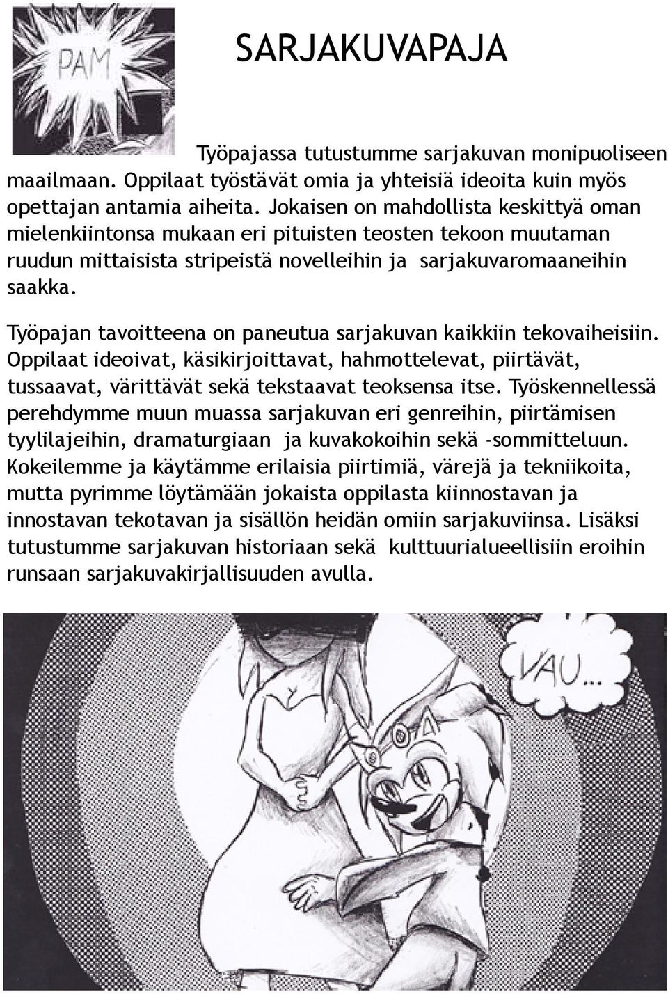 Työpajan tavoitteena on paneutua sarjakuvan kaikkiin tekovaiheisiin. Oppilaat ideoivat, käsikirjoittavat, hahmottelevat, piirtävät, tussaavat, värittävät sekä tekstaavat teoksensa itse.