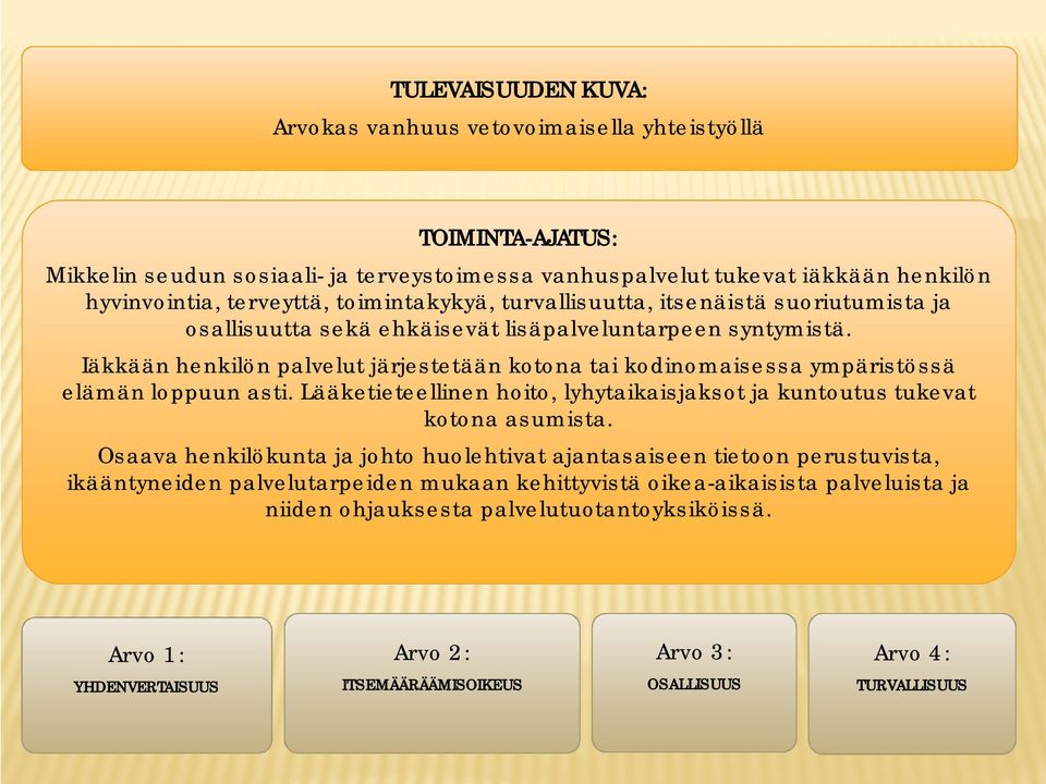 Iäkkään henkilön palvelut järjestetään kotona tai kodinomaisessa ympäristössä elämän loppuun asti. Lääketieteellinen hoito, lyhytaikaisjaksot ja kuntoutus tukevat kotona asumista.