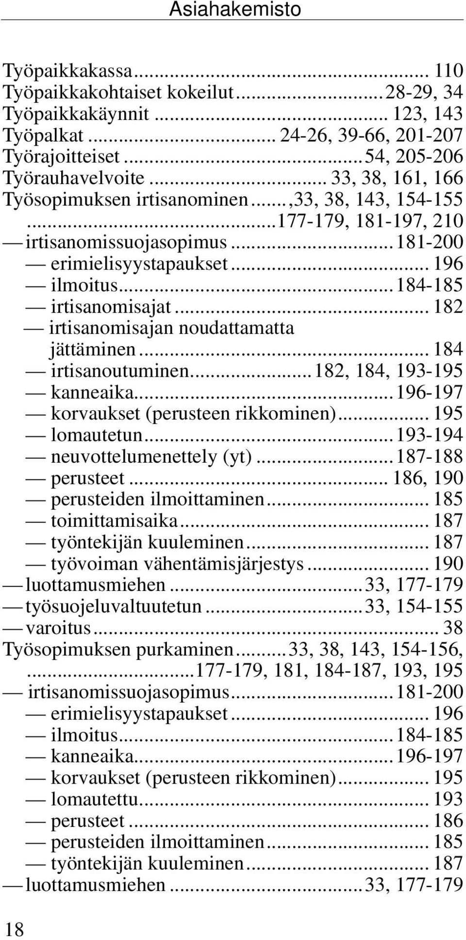 .. 182 irtisanomisajan noudattamatta jättäminen... 184 irtisanoutuminen...182, 184, 193-195 kanneaika...196-197 korvaukset (perusteen rikkominen)... 195 lomautetun...193-194 neuvottelumenettely (yt).