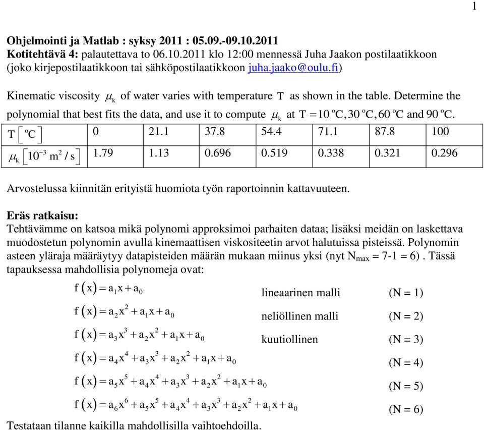 o T C 0. 37.8 54.4 7. 87.8 00 3 k 0 m / s.79.3 0.696 0.59 0.338 0.3 0.96 Arvostelussa kiinnitän erityistä huomiota työn raportoinnin kattavuuteen.