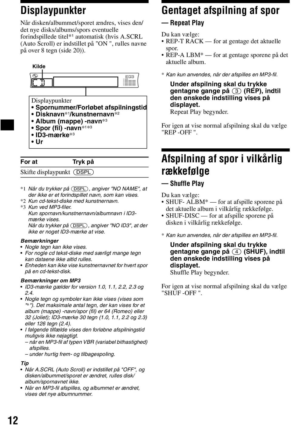 For at Kilde Displaypunkter Spornummer/Forløbet afspilningstid Disknavn* 1 /kunstnernavn* 2 Album (mappe) -navn* 3 Spor (fil) -navn* 1 * 3 ID3-mærke* 3 Ur Tryk på Skifte displaypunkt (DSPL) *1 Når du