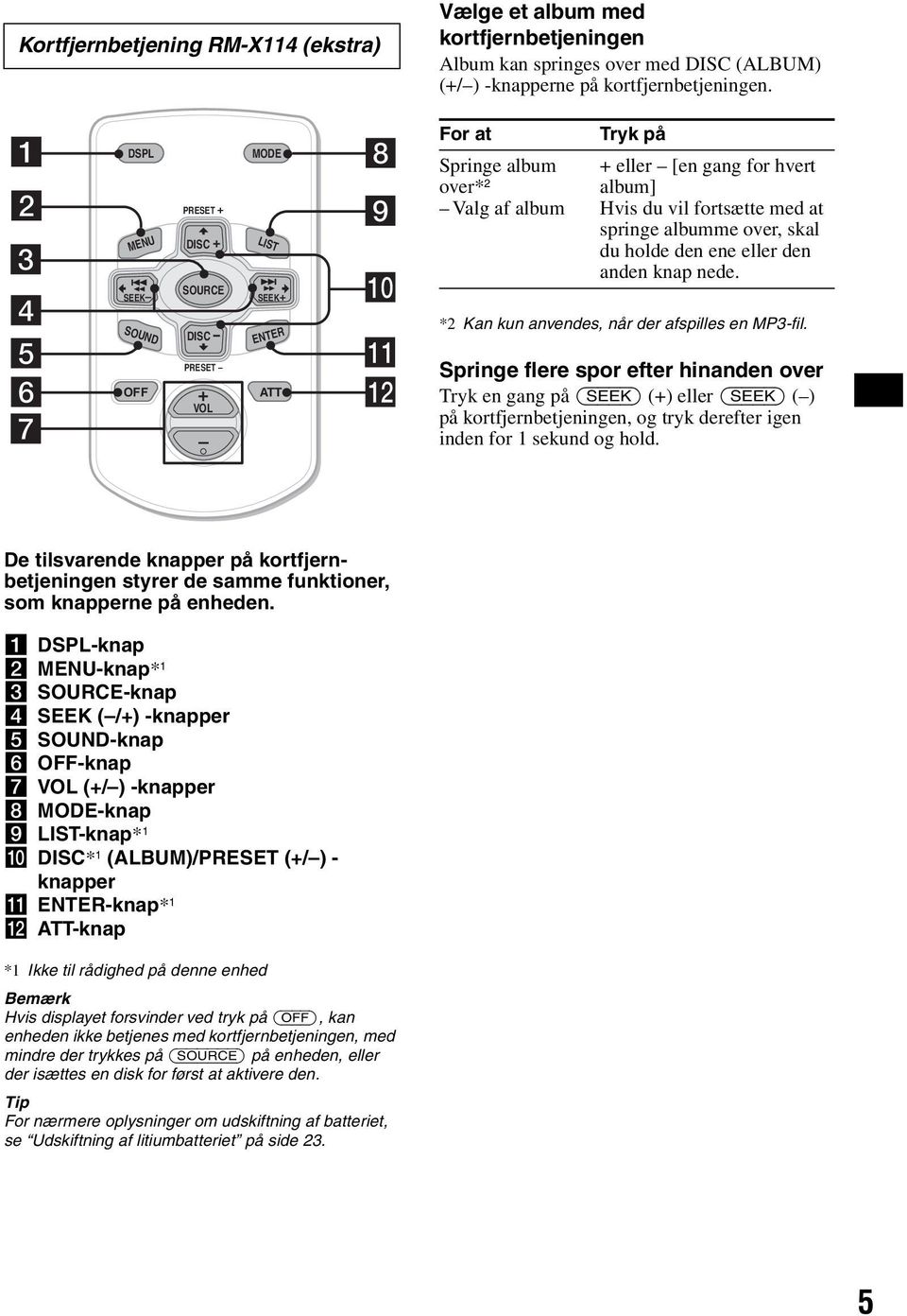 holde den ene eller den anden knap nede. SOUND DISC ENTER *2 Kan kun anvendes, når der afspilles en MP3-fil.