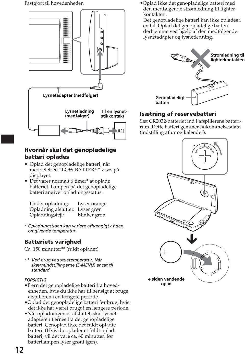 Strømledning til lighterkontakten Lsnetadapter (medfølger) Lsnetledning (medfølger) Til en lsnetstikkontakt Genopladeligt batteri Isætning af reservebatteri Sæt CR2032-batteriet ind i afspillerens