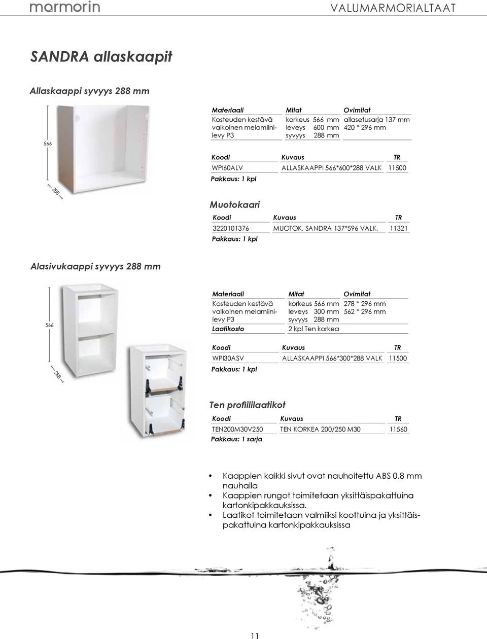 11321 Alasivukaappi syvyys 288 mm 566 Materiaali Mitat Ovimitat Kosteuden kestävä valkoinen melamiinilevy P3 Laatikosto korkeus 566 mm leveys 300 mm syvyys 288 mm 2 kpl Ten korkea 278 * 296 mm 562 *