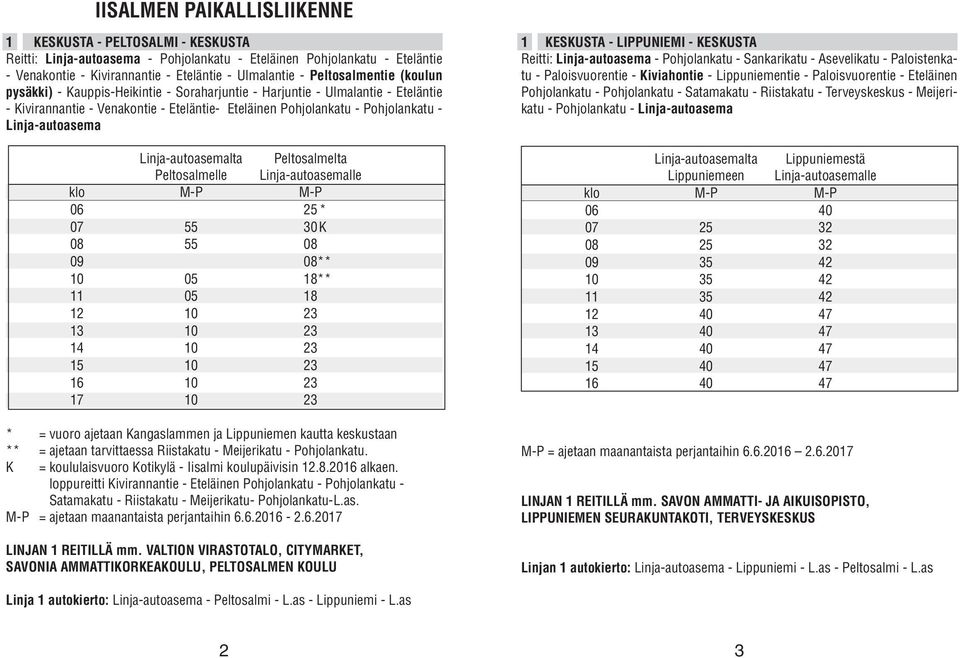 Linja-autoasema Linja-autoasemalta Peltosalmelta Peltosalmelle Linja-autoasemalle klo M-P M-P 06 25 * 07 55 30 K 08 55 08 09 08 ** 10 05 18 ** 11 05 18 12 10 23 13 10 23 14 10 23 15 10 23 16 10 23 17