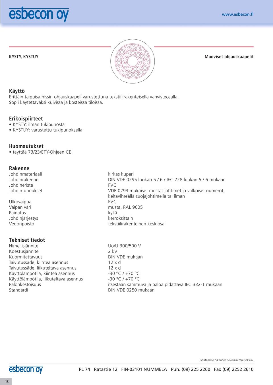 IEC 228 luokan 5 / 6 mukaan Johdineriste PVC Johdintunnukset VDE 0293 mukaiset mustat johtimet ja valkoiset numerot, keltavihreällä suojajohtimella tai ilman Ulkovaippa PVC Vaipan väri musta, RAL