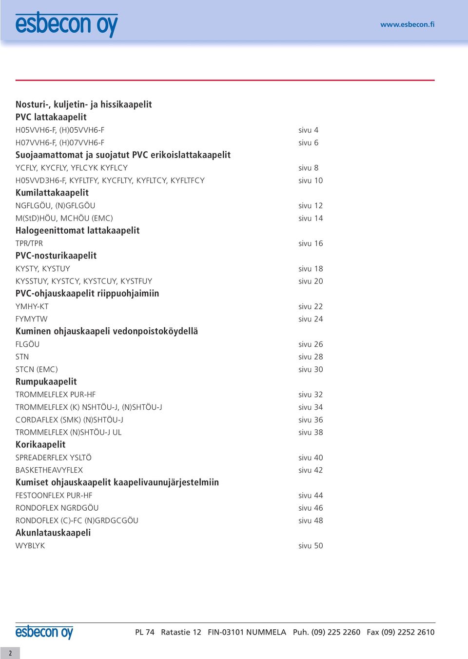 PVC-nosturikaapelit KYSTY, KYSTUY sivu 18 KYSSTUY, KYSTCY, KYSTCUY, KYSTFUY sivu 20 PVC-ohjauskaapelit riippuohjaimiin YMHY-KT sivu 22 FYMYTW sivu 24 Kuminen ohjauskaapeli vedonpoistoköydellä FLGÖU