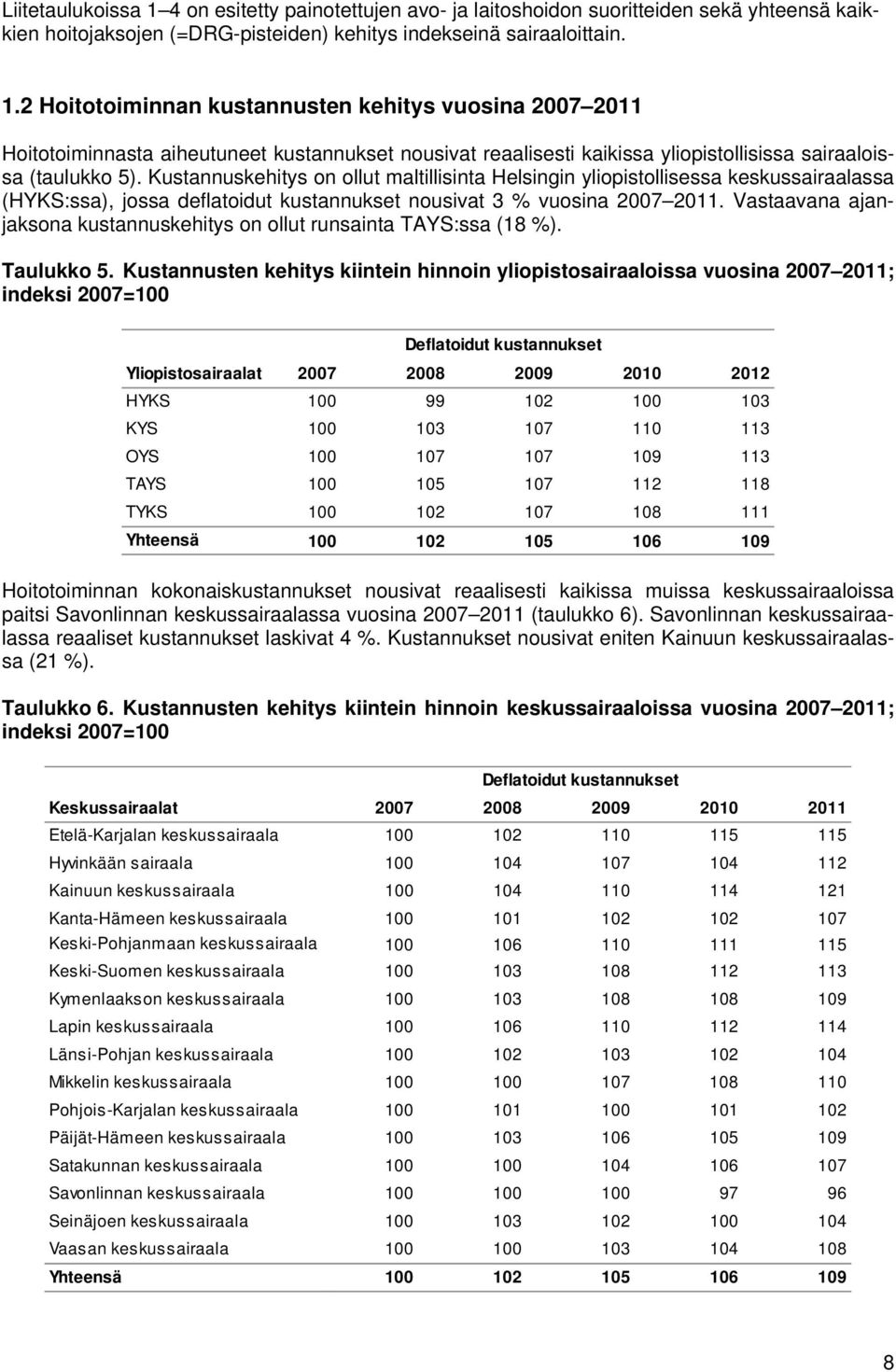 Vastaavana ajanjaksona kustannuskehitys on ollut runsainta TAYS:ssa (18 %). Taulukko 5.