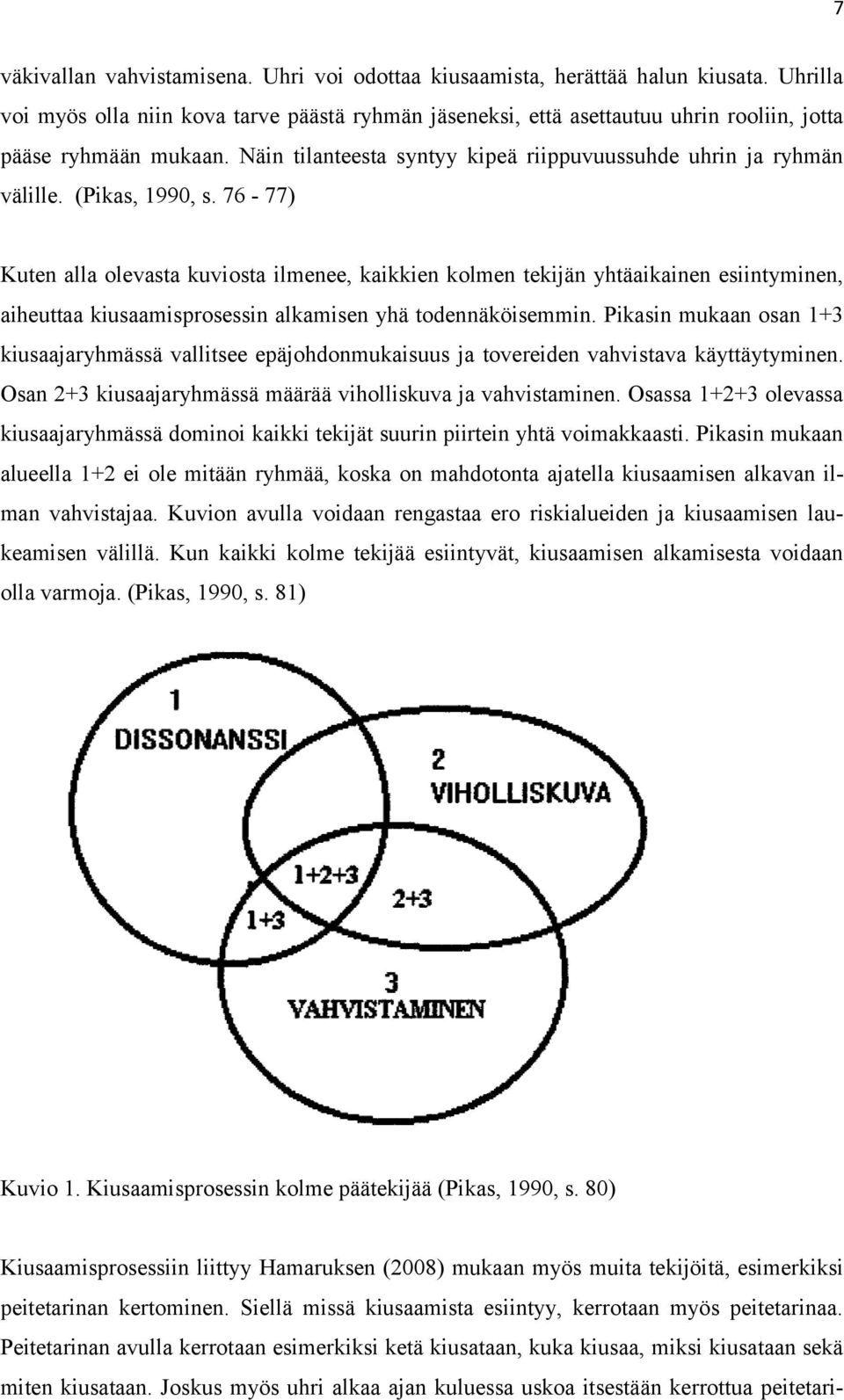 (Pikas, 1990, s. 76-77) Kuten alla olevasta kuviosta ilmenee, kaikkien kolmen tekijän yhtäaikainen esiintyminen, aiheuttaa kiusaamisprosessin alkamisen yhä todennäköisemmin.