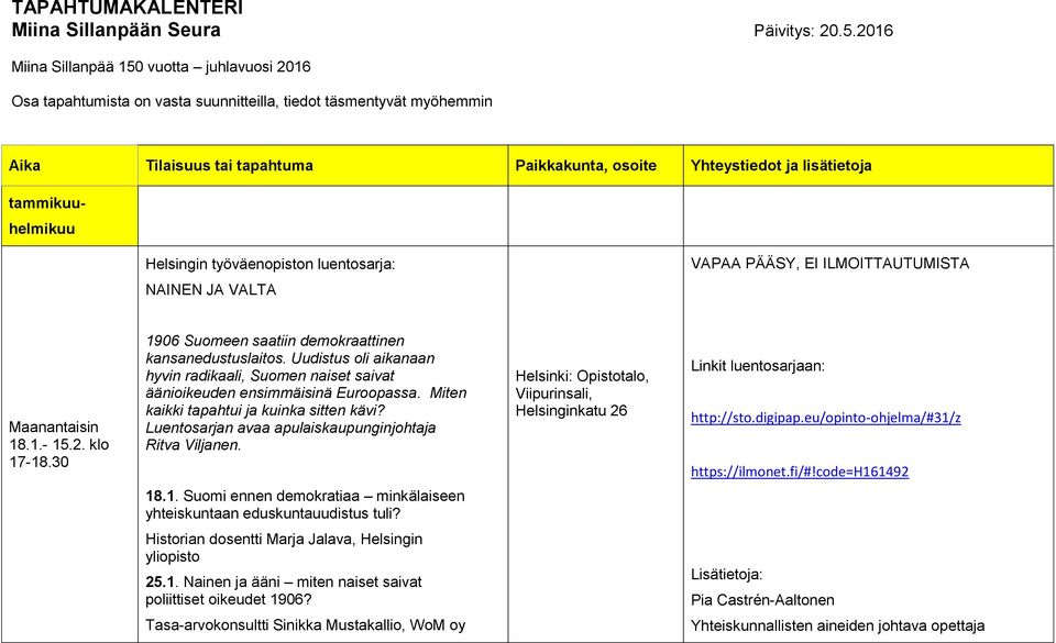 tammikuu- helmikuu Helsingin työväenopiston luentosarja: NAINEN JA VALTA Maanantaisin 18.1.- 15.2. klo 17-18.30 1906 Suomeen saatiin demokraattinen kansanedustuslaitos.