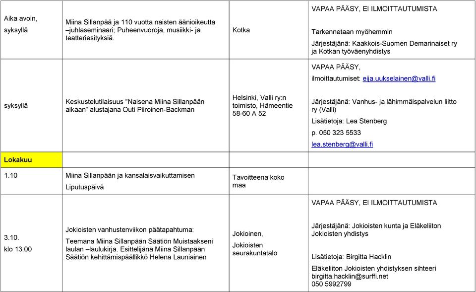 fi syksyllä Keskustelutilaisuus Naisena Miina Sillanpään aikaan alustajana Outi Piiroinen-Backman Helsinki, Valli ry:n toimisto, Hämeentie 58-60 A 52 Järjestäjänä: Vanhus- ja lähimmäispalvelun liitto