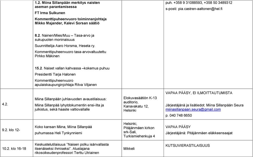 Kommenttipuheenvuoro tasa-arvovaltuutettu Pirkko Mäkinen 15.2.