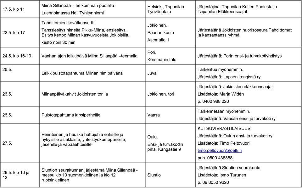 klo 16-19 Vanhan ajan leikkipäivä Miina Sillanpää teemalla Pori, Korsmanin talo Järjestäjänä: Porin ensi- ja turvakotiyhdistys 26.5. Leikkipuistotapahtuma Miinan nimipäivänä Juva Tarkentuu myöhemmin.