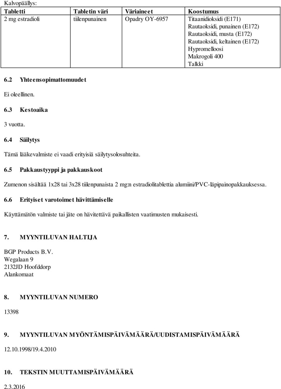 6.6 Erityiset varotoimet hävittämiselle Käyttämätön valmiste tai jäte on hävitettävä paikallisten vaatimusten mukaisesti. 7. MYYNTILUVAN HALTIJA BGP Products B.V. Wegalaan 9 2132JD Hoofddorp Alankomaat 8.