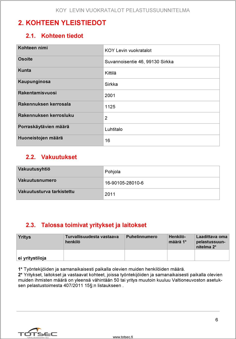 99130 Sirkka Kittilä Sirkka 2001 1125 2 Luhtitalo 16 2.2. Vakuutukset Vakuutusyhtiö Vakuutusnumero Vakuutusturva tarkistettu Pohjola 16-90105-28010-6 2011 2.3. Talossa toimivat yritykset ja laitokset