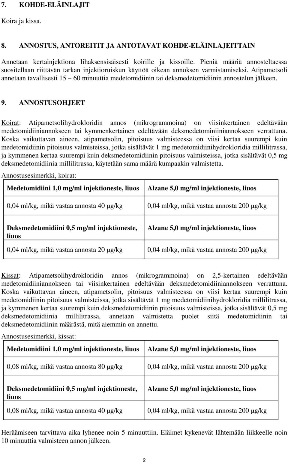 Atipametsoli annetaan tavallisesti 15 60 minuuttia medetomidiinin tai deksmedetomidiinin annostelun jälkeen. 9.