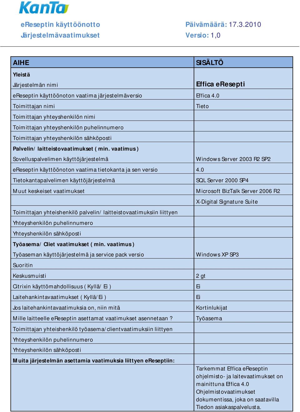 ( /Ei ) Yhteyshenkilön puhelinnumero Effica eresepti Tieto Windows Server 2003 R2 SP2 SQL Server 2000 SP4 Microsoft BizTalk Server 2006 R2 X-Digital Signature