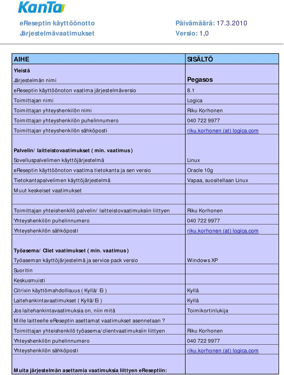 com Linux Oracle 10g Vapaa, suositellaan Linux Toimittajan yhteishenkilö palvelin/ laitteistovaatimuksiin liittyen Riku Korhonen