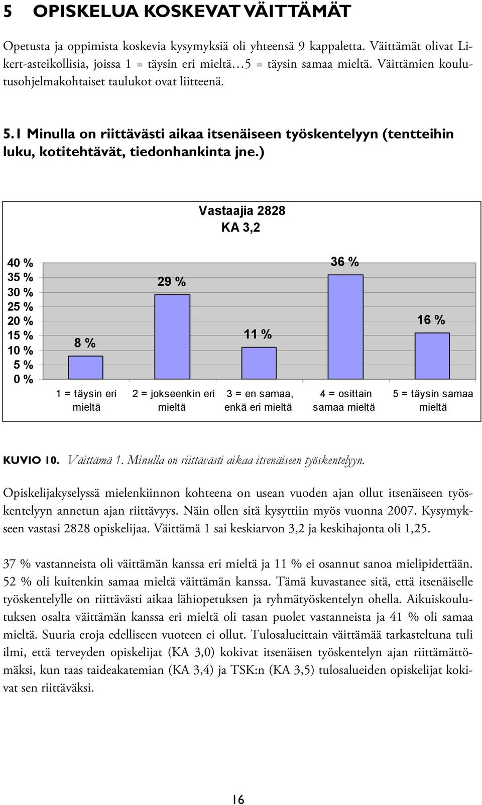 ) Vastaajia 2828 KA 3,2 4 3 2 1 8 % 1 = täysin eri 29 % 2 = jokseenkin eri 11 % 3 = en samaa, enkä eri 36 % 4 = osittain samaa 16 % 5 = täysin samaa KUVIO 10. Väittämä 1.