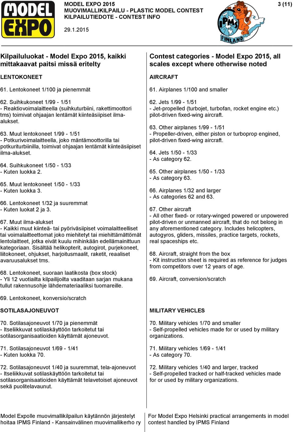 Muut lentokoneet 1/99-1/51 - Potkurivoimalaitteella, joko mäntämoottorilla tai potkuriturbiinilla, toimivat ohjaajan lentämät kiinteäsiipiset ilma-alukset. 64. Suihkukoneet 1/50-1/33 - Kuten luokka 2.