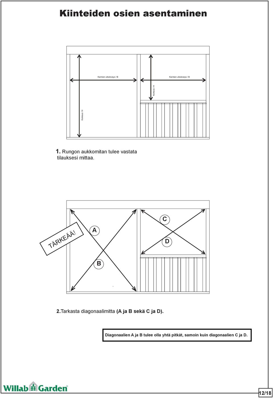 Rungon aukkomitan tulee vastata tilauksesi mittaa. TÄRKEÄÄ! A C D B 2.