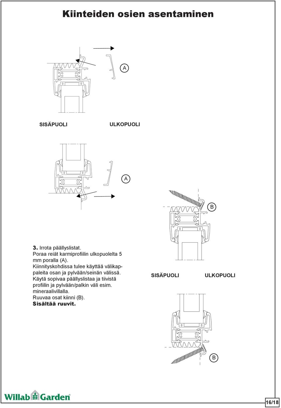 Kiinnityskohdissa tulee käyttää välikappaleita osan ja pylvään/seinän välissä.