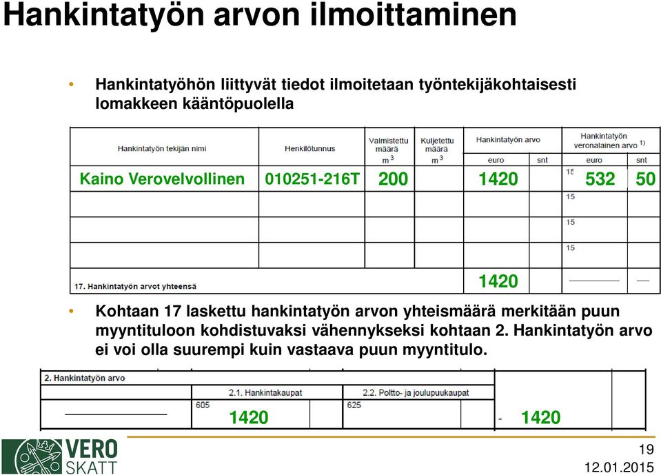 50 1420 Kohtaan 17 laskettu hankintatyön arvon yhteismäärä merkitään puun myyntituloon