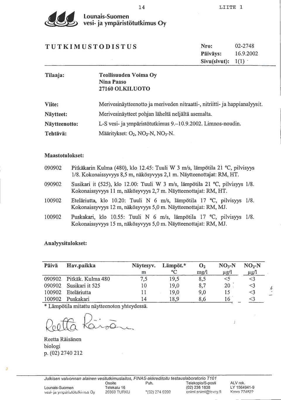 Näytteen otto: L-S vesi- ja ympäristötutkimus 9.-10.9.2002. Limnos-noudin.. Tehtävä: Määritykset: 02, N02-N, N03-N. Maastotulokset: 090902 090902 100902 100902 Pitkäkarin Kulma (480), klo 12.