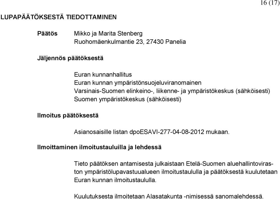 (sähköisesti) Asianosaisille listan dpoesavi-277-04-08-2012 mukaan.