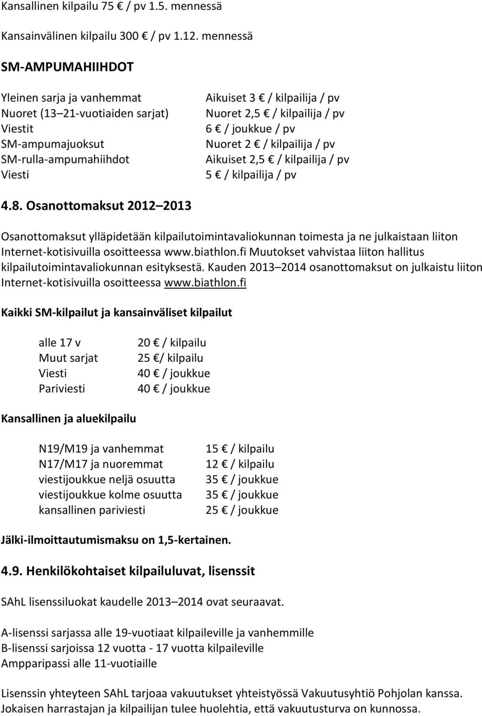 6 / joukkue / pv Nuoret 2 / kilpailija / pv Aikuiset 2,5 / kilpailija / pv 5 / kilpailija / pv 4.8.