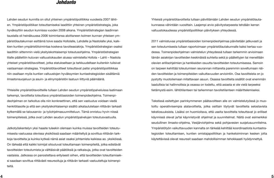 Ympäristöstrategian laadinnan taustalla oli heinäkuussa 2006 toimintansa aloittaneen kolmen kunnan yhteisen ympäristölautakunnan esittämä toive saada Hollolalle, Lahdelle ja Nastolalle yksi, kaikkien