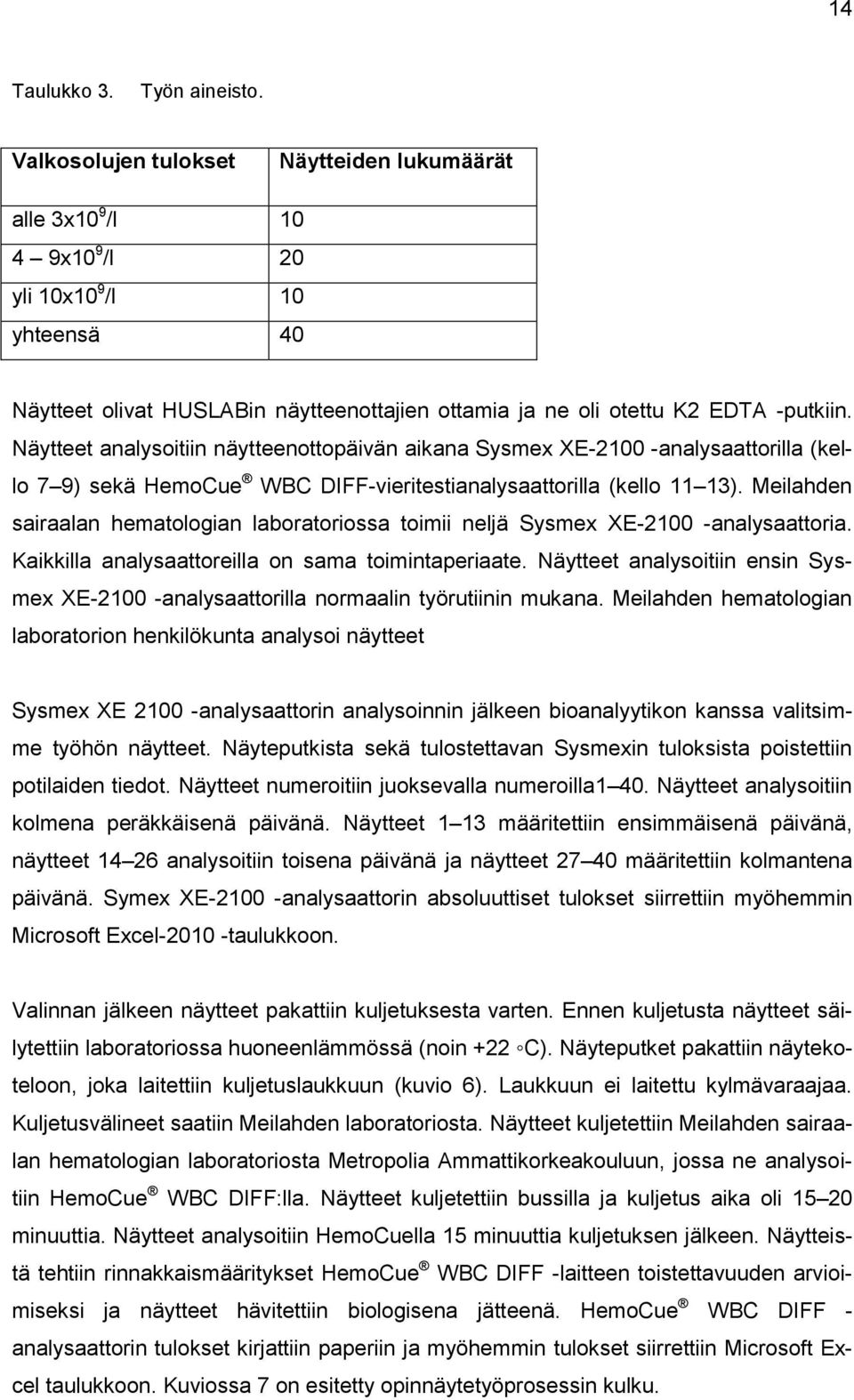 Näytteet analysoitiin näytteenottopäivän aikana Sysmex XE-2100 -analysaattorilla (kello 7 9) sekä HemoCue WBC DIFF-vieritestianalysaattorilla (kello 11 13).