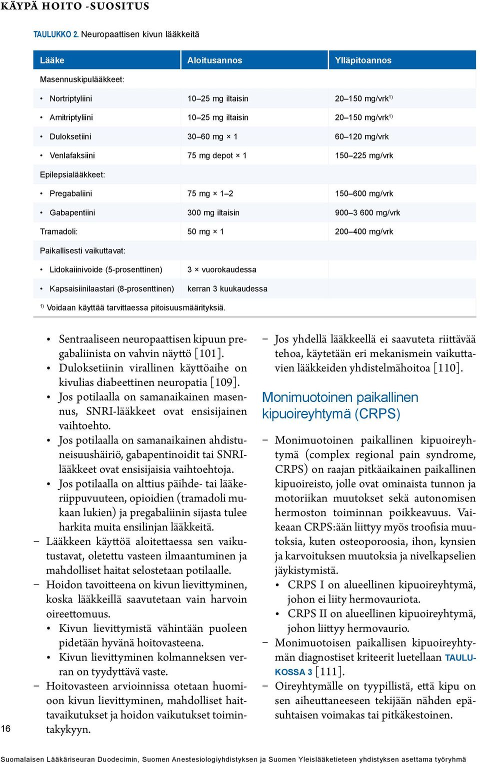 30 60 mg 1 60 120 mg/vrk Venlafaksiini 75 mg depot 1 150 225 mg/vrk Epilepsialääkkeet: Pregabaliini 75 mg 1 2 150 600 mg/vrk Gabapentiini 300 mg iltaisin 900 3 600 mg/vrk Tramadoli: 50 mg 1 200 400