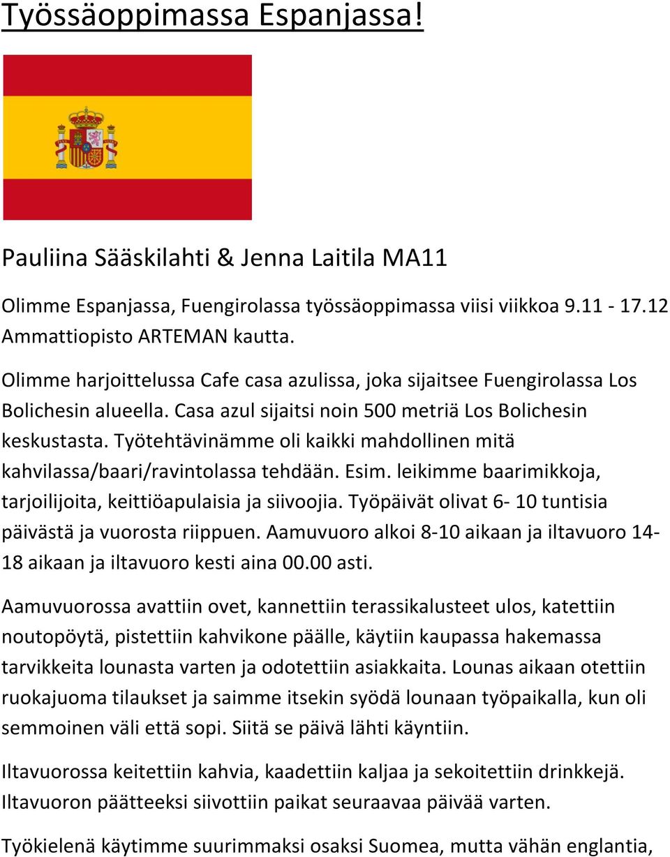 Työtehtävinämme oli kaikki mahdollinen mitä kahvilassa/baari/ravintolassa tehdään. Esim. leikimme baarimikkoja, tarjoilijoita, keittiöapulaisia ja siivoojia.