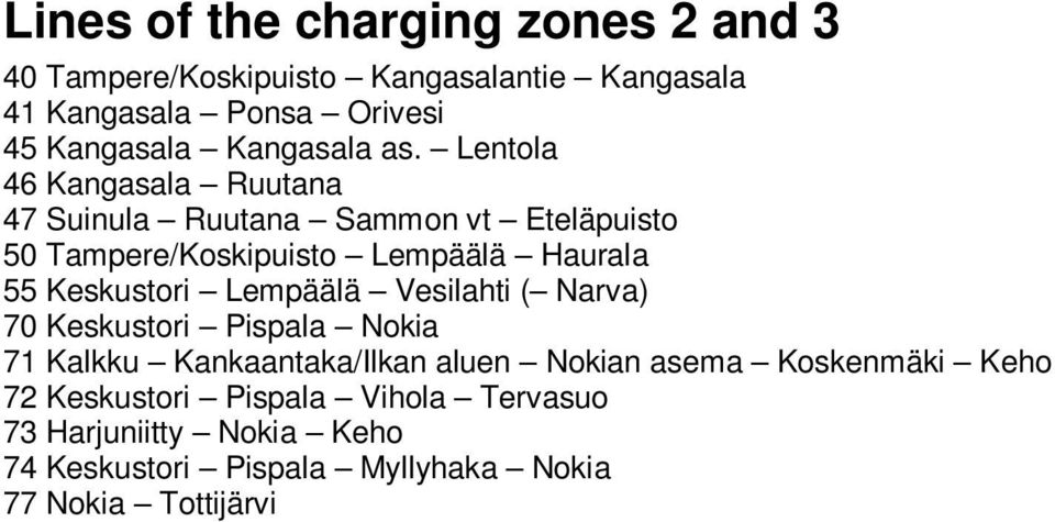 Lentola 46 Kangasala Ruutana 47 Suinula Ruutana Sammon vt Eteläpuisto 50 Tampere/Koskipuisto Lempäälä Haurala 55 Keskustori